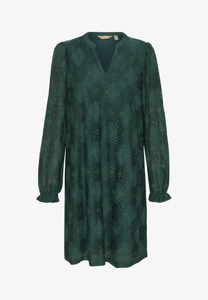 Žalia nėriniuota suknelė su V formos iškirpte, ilgomis rankovėmis ir gėlių raštu. Yra pūstos rankovės su raukiniais ir plazdančiu dizainu.