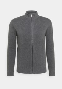 Gray zip-up sweater with a high collar, featuring a ribbed texture and fitted cuffs. The front has a center zip closure for ease.