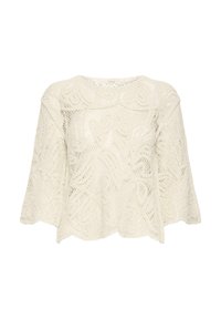 Pull en maille crochet couleur crème avec manches larges et motifs floraux en dentelle, avec col rond et ourlet festonné.