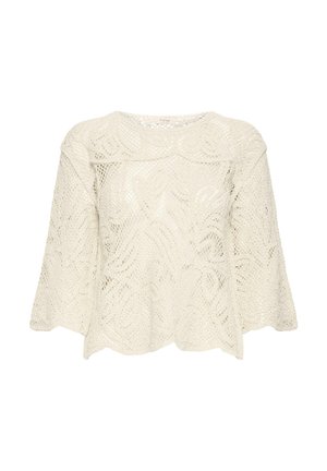 Maglione lavorato a uncinetto color crema con maniche larghe e motivi floreali in pizzo, con scollo rotondo e orlo smerlato.