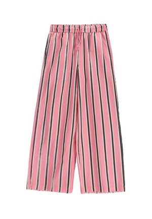 Różowe spodnie o szerokich nogawkach z pionowymi paskami w kolorach czarnym, białym i beżowym, z elastycznym pasem i ozdobnym sznurkiem z przodu.