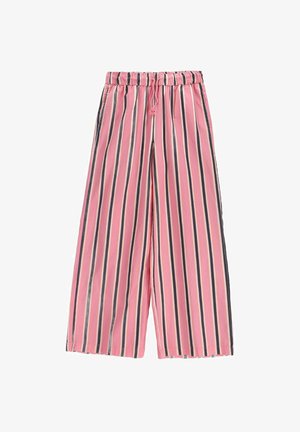 Różowe spodnie o szerokich nogawkach z pionowymi paskami w kolorach czarnym, białym i beżowym, z elastycznym pasem i ozdobnym sznurkiem z przodu.