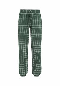 Groene geruite broeken van zachte stof, met een wit rasterpatroon, elastische tailleband met trekkoord en taps toelopende boorden.