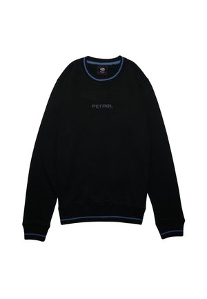 Sort sweatshirt med blå ribbet hals og ærmer, med et struktureret "PETROL" logo i blå på brystet. Blødt bomuldsstof.
