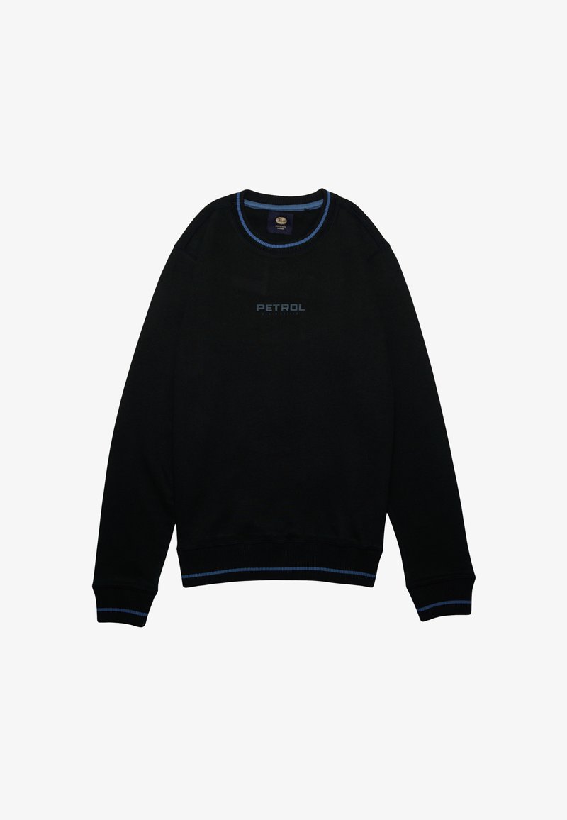 Sudadera negra con cuello y puños acanalados en azul, que presenta un logo texturizado "PETROL" en azul en el pecho. Fabricada en suave algodón.