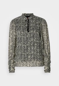 Bluză cu mâneci lungi, în imprimeu floral alb-negru, cu guler înalt și manșete încrețite. Material ușor și transparent, cu o croială lejeră.