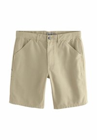 Beige cotton shorts with a button closure, two front pockets, and a side pocket. Features a smooth texture and straight cut design.