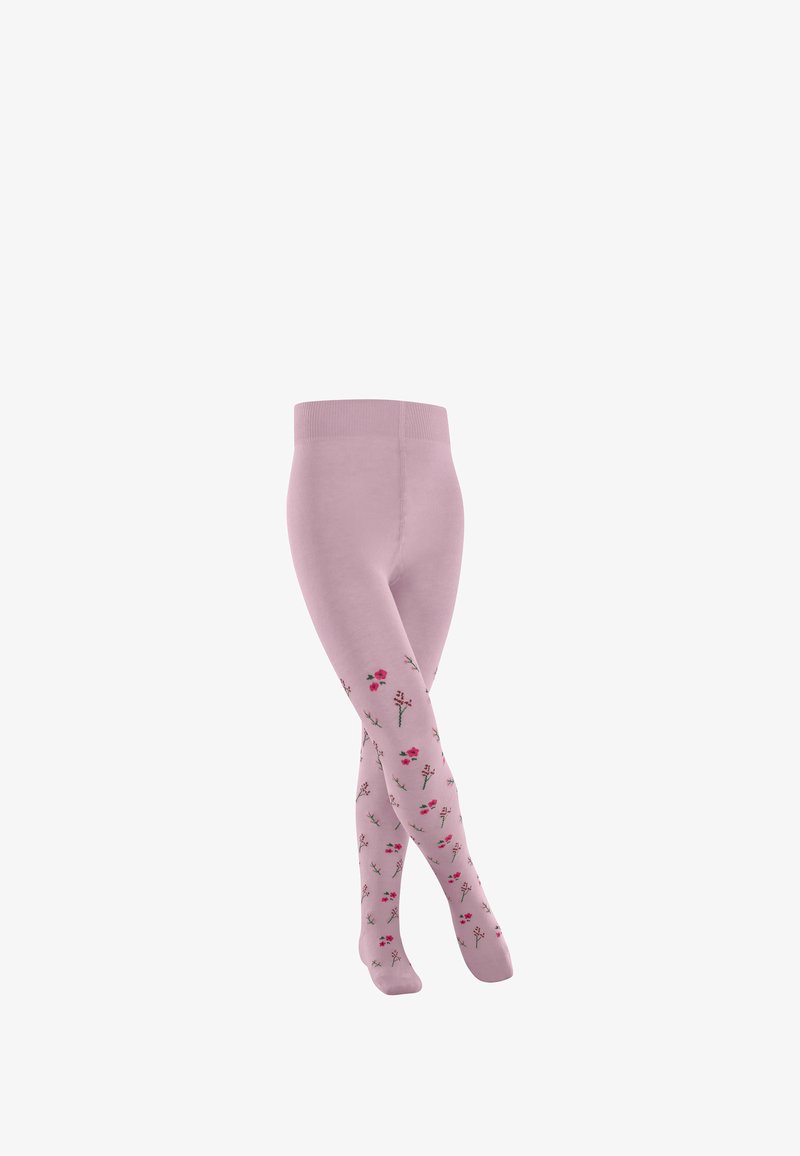 Rosa Strumpfhosen mit undurchsichtigem Finish, versehen mit floralen Mustern in Pink und Grün an den Seiten. Weicher Stoff und ein gerippter Taillenbund.