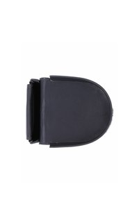 Porte-monnaie en cuir noir avec une fermeture à rabat arrondi et un compartiment ouvert, vu de dessus.