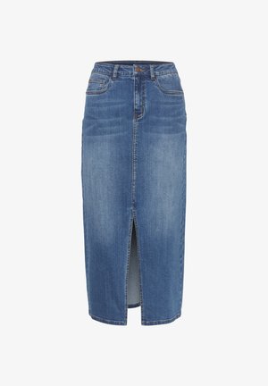 Denimrock mit einem vorderen Schlitz, in mittellanger Länge, in einer hellen bis mittleren blauen Waschung. Verfügt über fünf Taschen und einen Bund mit Gürtelschlaufen.