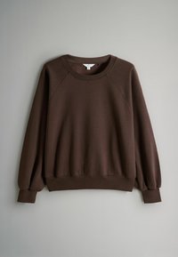 Bruine trui met ronde hals, raglanmouwen en geribbelde manchetten en zoom. Zachte textuur met een effen kleur en minimalistisch ontwerp.