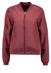 Bordový bomber kabát z lesklého nylonu s předním zipem, žebrovanými manžetami a lemem, a kapsou na zip na rukávu.