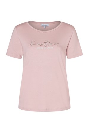 Rosa Baumwoll-T-Shirt mit rundem Ausschnitt, kurzen Ärmeln und dem Text "Manchmal ist mehr mehr" in Nietenoptik über die Vorderseite.