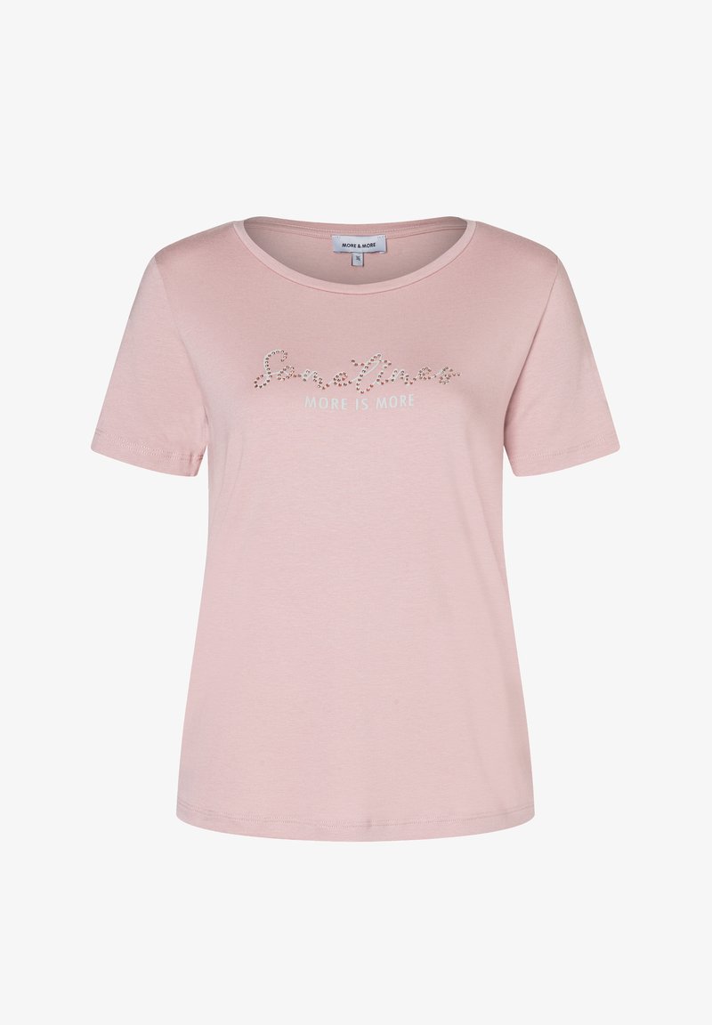 Rosa Baumwoll-T-Shirt mit rundem Ausschnitt, kurzen Ärmeln und dem Text "Manchmal ist mehr mehr" in Nietenoptik über die Vorderseite.