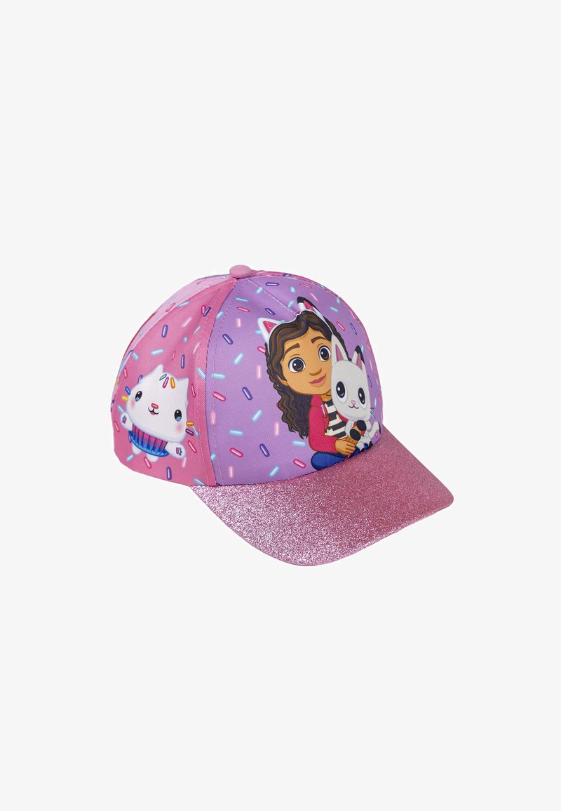 Pink children's baseball cap with a sparkly peak, featuring cartoon characters and colorful sprinkle patterns on the fabric.