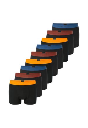 Boxer neri con fascia elastica in vari colori (blu, arancione, marrone, giallo) che mostrano una texture liscia e una vestibilità elastica.