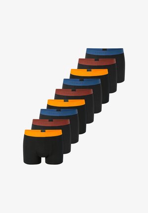 Schwarze Boxershorts mit verschiedenen farbigen Bunds (blau, orange, braun, gelb), die eine glatte Textur und elastische Passform zeigen.