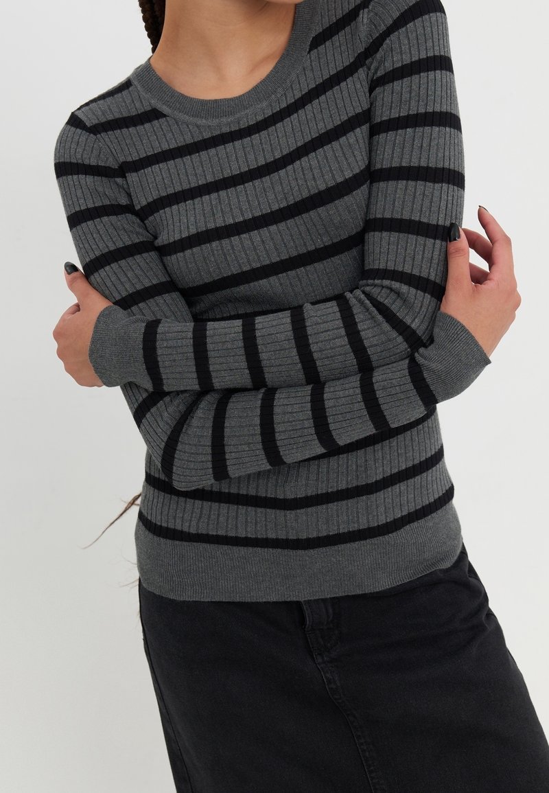 Raitapaita tummanharmaana, jossa on mustia vaakaraitoja. Paita on pyöreäkauluksinen ja tiukasti istuva, erottuvilla tekstuureilla neulottu kangas.