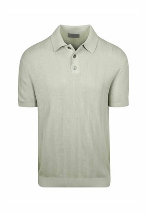 Lichtgrijs gebreid poloshirt met korte mouwen, getextureerde verticale strepen en een twee-knopenbies.