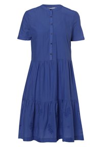 Kurzärmliges blaues Kleid aus Baumwolle mit Rundhalsausschnitt, Knopfleiste und gestuftem Rock; mit dezenten Blumenstickereien und seitlichen Taschen.