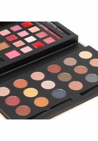 Makeuppalett med två sektioner: toppen har 16 läppfärger i fyrkantiga former; botten har 15 ögonskuggsfack i cirkulära former med olika nyanser.