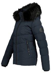 Navy puffer jacket with faux fur hood, zip closure, side zip pocket, ribbed cuffs, and quilted texture. Features a logo on sleeve.