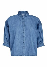 Denim bluzica z visokim nabranim ovratnikom, napuhnjenimi rokavi in sprednjim zapiranjem na gumb. Svetlo modra barva s sijočo teksturo in blagim leskom.
