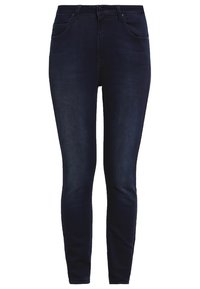 Mörkblå smala jeans gjorda av denim, med en klassisk design som inkluderar knäppning och dragkedja, femficksstil samt lätt blekning.