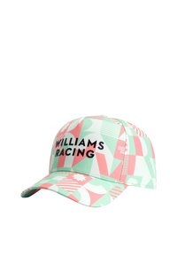 Czapka w miętowym kolorze z różowymi wzorami geometrycznymi, z napisem "WILLIAMS RACING" wytłoczonym czarnym tekstem z przodu. Klasyczny daszek.