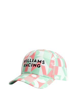 Czapka w miętowym kolorze z różowymi wzorami geometrycznymi, z napisem "WILLIAMS RACING" wytłoczonym czarnym tekstem z przodu. Klasyczny daszek.