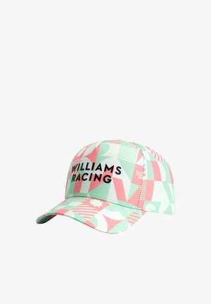 Czapka w miętowym kolorze z różowymi wzorami geometrycznymi, z napisem "WILLIAMS RACING" wytłoczonym czarnym tekstem z przodu. Klasyczny daszek.