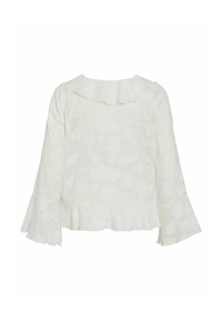 Bela bluza s cvetličnim vzorcem, ima volančast izrez in zvonaste rokave, zasnovana z ohlapnim krojem. Prikazan je zadnji pogled.