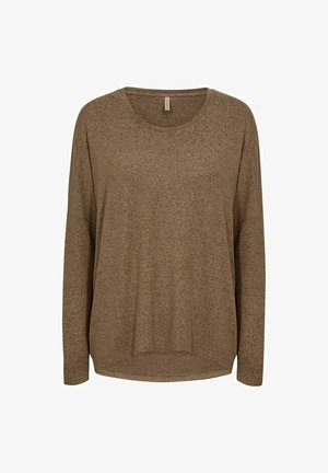 Brown long-sleeve top made from a textured knit fabric with a relaxed fit, featuring a round neckline and a slightly curved hem.