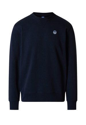 Felpa blu navy a maniche lunghe con scollo rotondo, polsini e orlo a coste, con un piccolo logo tondo a forma di bussola sul petto a sinistra.