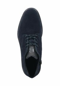 Bottes de cheville en suède marine avec une texture lisse, un bout rond et un laçage. Dotées d'une fermeture éclair sur le côté pour un enfilage facile.