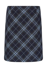 Granatowa spódnica w kratkę z teksturowanej tkaniny, w jasnoniebieskie i żółte wzory, lekko rozszerzająca się ku dołowi dla uzyskania wyrazistego kroju.