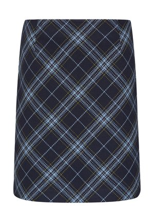 Marineblauwe geruite rok met een gestructureerde stof voorzien van lichtblauwe en gele ruitpatronen, die iets uitloopt aan de onderkant voor een gestructureerde vorm.