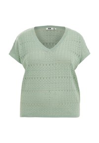 Top de punto de manga corta en verde claro con cuello en V, presenta un patrón de tejido abierto y detalles acanalados en el cuello y el dobladillo.