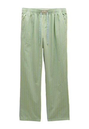 Jasnozielone spodnie do piżamy w cienkie białe pionowe paski, z elastycznym pasem i dopasowanym sznurkiem w paski.