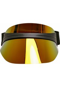 Visière de sport avec un écran teinté ambre, cadre en plastique noir et bandeau réglable. Surface lisse avec un design incurvé.
