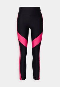 Schwarze High-Waist-Leggings mit leuchtend pinken diagonalen und seitlichen Einsätzen, entworfen für Sportbekleidung.