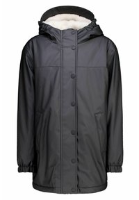 Vedenkestävä musta ulkoilutakki, jossa on pehmeä valkoinen fleecevuori, säädettävä huppu ja kaksi sivutaskua. Varustettu neppareilla ja joustavilla hihansuilla.