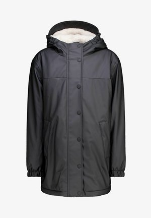 Wasserabweisende schwarze Außenjacke mit einem weichen weißen Fleece-Futter, verstellbarer Kapuze und zwei Seitentaschen. Ausgestattet mit Druckknöpfen und elastischen Bündchen.