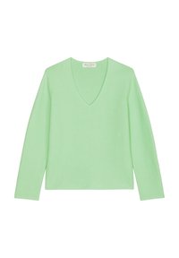 Light green knitted sweater with a V-neck, long sleeves, and a ribbed texture. Features a brand label inside the neckline.