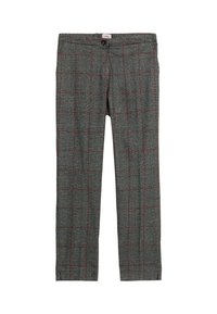 Pantaloni grigi a scacchi con un motivo di sottili linee rosse. Realizzati in tessuto con una leggera texture. Vita standard e chiusura frontale con bottone.