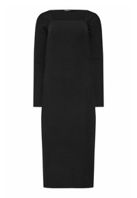 Vestido negro de canalé con escote cuadrado y mangas largas. Diseño ajustado, hasta la rodilla, hecho de material de punto texturizado.
