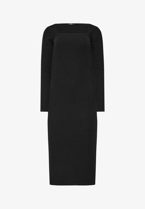 Schwarzes geripptes Kleid mit quadratischem Ausschnitt und langen Ärmeln. Passgenaues Design, knielang, aus strukturiertem Strickmaterial.