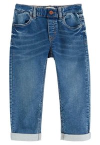 Blauwe spijkerbroeken van denim met een vervaagde afwerking, vijf zakken, opgerolde boorden en een knoopsluiting. De stof heeft een gladde textuur en subtiele stikseldetails.