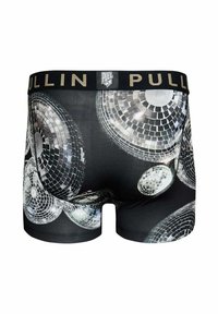 Sous-vêtements noirs avec un motif boule disco, tissu texturé et une ceinture élastique portant le nom de la marque "PULLIN" en or.