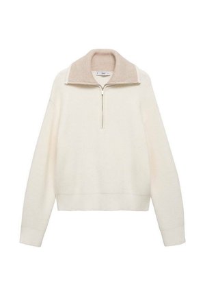 Cremfarbener Pullover mit gerippter Struktur, halber Reißverschluss und kontrastierendem beigen Kragen. Lange Ärmel und elastischer Saum.